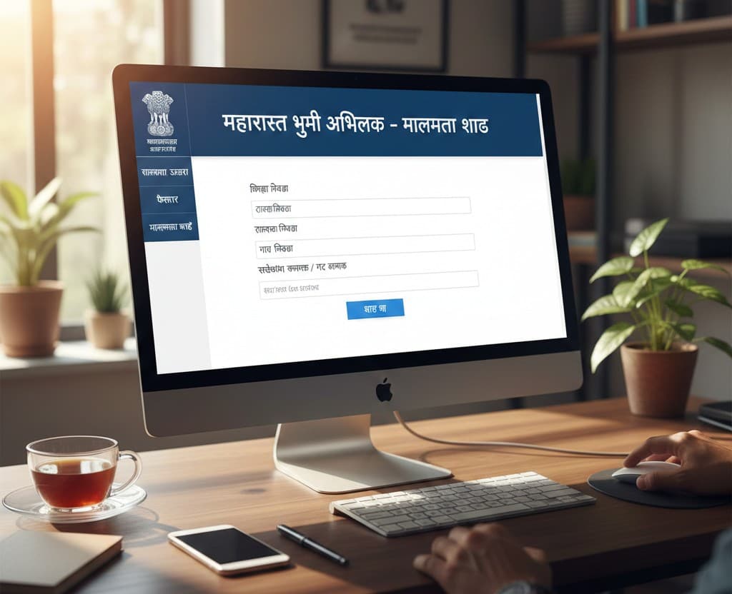 Original photo of a Maharashtra property document and laptop showing an online land record portal