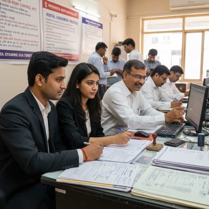 Original photo of a young couple in Pune signing a rental agreement with a broker