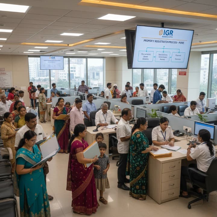 Original photo of a couple in Pune completing property registration paperwork with documents and a stamp