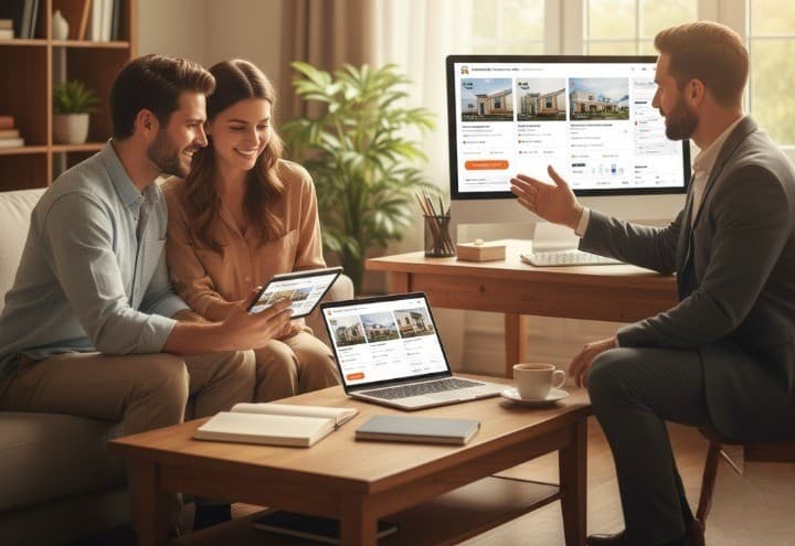 Original photo of a seller discussing a property listing in front of a laptop