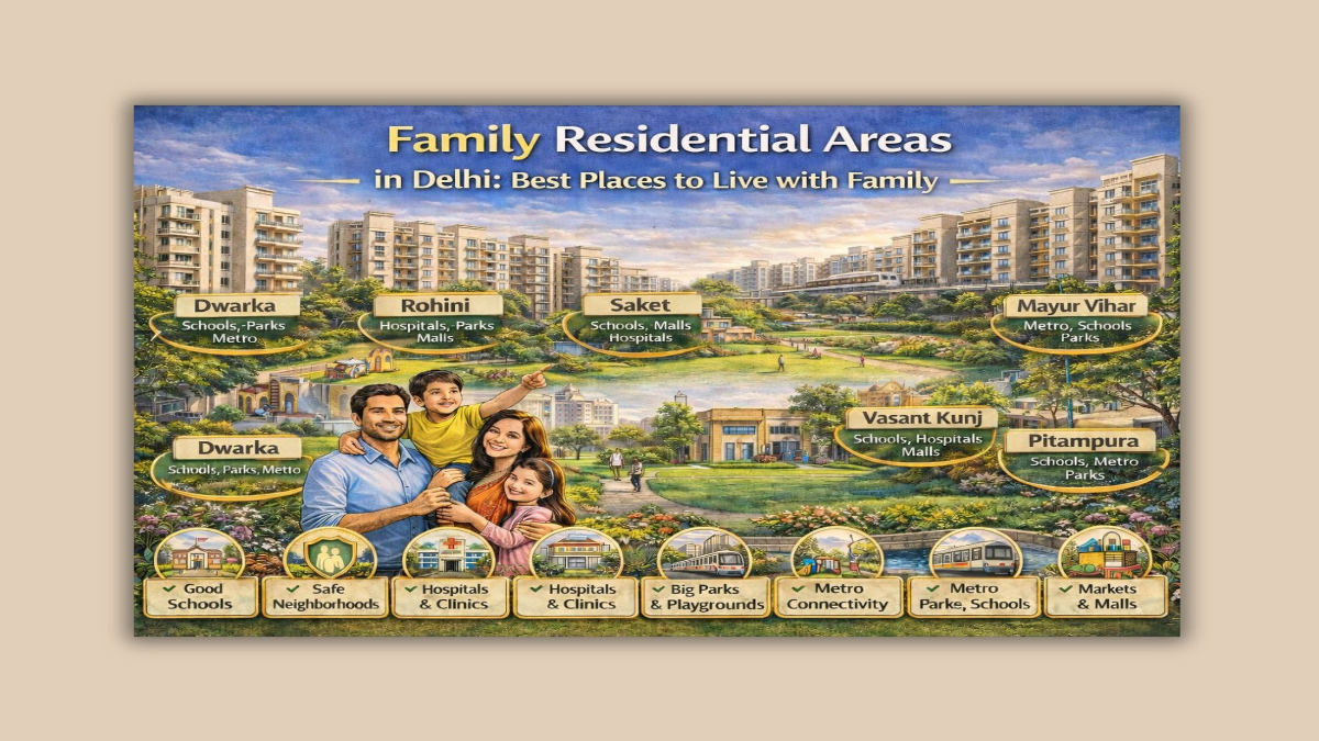 Family friendly residential areas in Delhi with parks and Metro access